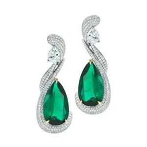 Handcrafted With 13.96CT Pear-Shaped Emeralds & Simulated Sapphires Earrings - Picture 1 of 7