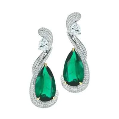 Handcrafted With 13.96CT Pear-Shaped Emeralds & Simulated Sapphires Earrings - Image 1 of 4