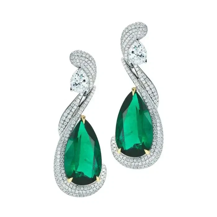 Handcrafted With 13.96CT Pear-Shaped Emeralds & Simulated Sapphires Earrings - Image 1 of 4