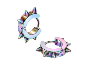 Rainbow Spike Hoop Earring Stainless Steel Men Women Classic Earrings - Picture 1 of 16