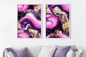 Abstrakte Wanddrucke, Flüssigfarbe zeitgenössische Wanddekoration, lila und gold - Bild 1 von 8