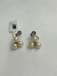 Vintage 14K White Gold Cultured Pearl & Diamond Cluster Drop Dangle  Earrings - Picture 1 of 7