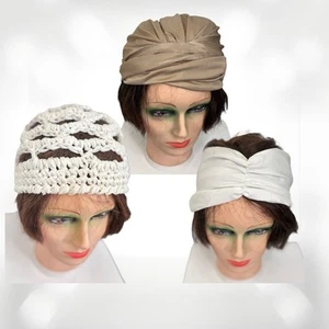 1960s 3 Pc Hair Lot Jean Charles Brosseau Turban, White Turband, Crochet Cap Hat - Picture 1 of 12