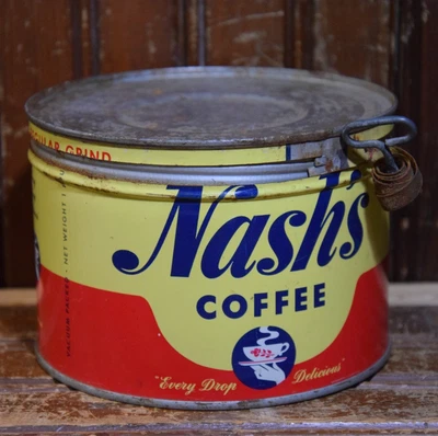 NASH'S COFFEE KEYWIND PAINTED COFFEE 1LB TIN CAN SIGN VINTAGE 1950s MINNESOTA - Image 1 of 4