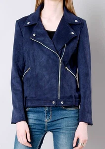 Women 100% Real Suede Leather Blue Jacket Biker Racer Motorcycle Party Wear - Picture 1 of 6