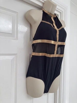 Sass & Bide Black with mesh and gold metal strappy swimsuit size UK 14  - Image 1 of 4