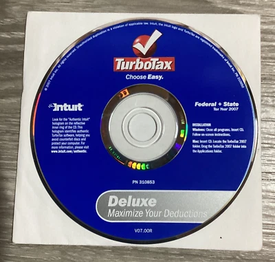 2007 TurboTax Deluxe Federal + State Maximize Deductions CD Disc Only Back Taxes - Image 1 of 3