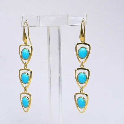 ORECCHINI IN ARGENTO 925 DORATO E PASTA DI TURCHESE TRIANGOLI PENDENTI AGHT 0673 - Immagine 1 di 3