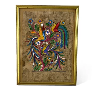 Vtg Mexican Amate Folk Art Bark Picture Birds Floral Flowers Handpainted READ - Picture 1 of 23