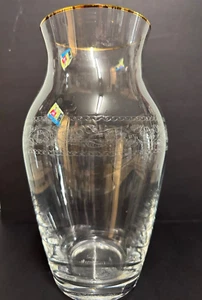 Vaso vintage in cristallo di Boemia con bordo oro e disegno floreale acquaforte 9" - Foto 1 di 8