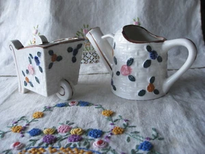 ceramic CREAM & SUGAR set watering can wheelbarrow handpainted 50'svintage JAPAN - Picture 1 of 10