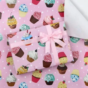 Pink Birthday Wrapping Papers 6 Sheets Cupcake Muffin Printed Pattern Wrap Pa... - Picture 1 of 7