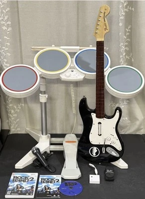 Nintendo Wii Rock Band Bundle Set W Wireless Guitar, Dongle, Drums Game, Mic Lot - Image 1 of 3