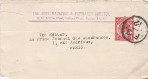 GB to France LONDON George V 1d Wrapper POST MAGAZINE & INSURANCE MONITOR c1925 - Picture 1 of 1