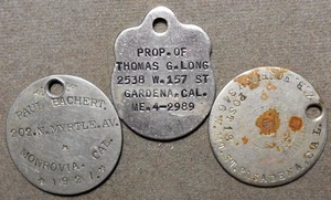 3 I.D. Tags California: 1) Monrovia, Gardena & Pasadena, K of C & Am. Legion - Picture 1 of 2