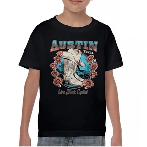 Austin Live Music Capital Youth T-shirt Country Cowgirl Boots and Hat Kids - Picture 1 of 50