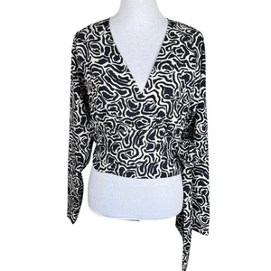 Rodebjer XS Black White Pattern Long Sleeve Adjustable Wrap Tie V-Neck Crop Top - Picture 1 of 13