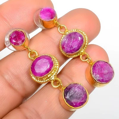 Pendiente antiguo enchapado en oro amarillo de 18k con piedras preciosas de rubí (simulado) 1,56" E7-810 Foto 1 de 3