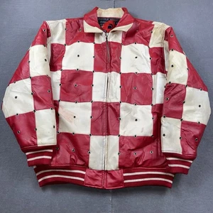 Vintage Indigo USA Jacket Mens XL PVC Leather Checkered Leather Bomber Red Y2K - Picture 1 of 21