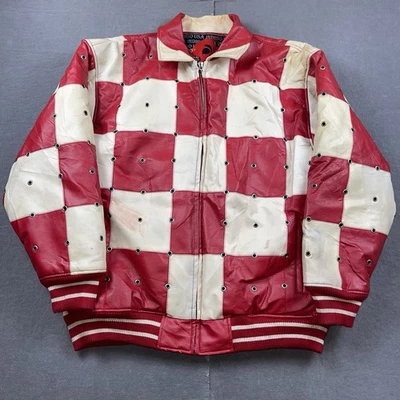 Vintage Indigo USA Jacket Mens XL PVC Leather Checkered Leather Bomber Red Y2K - Image 1 of 4
