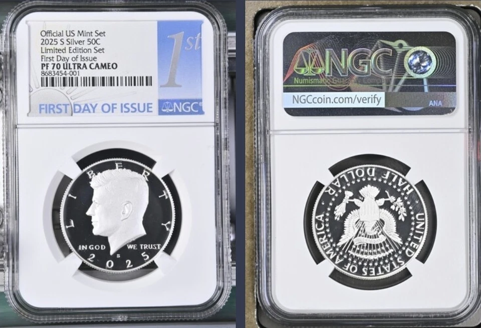 Medio dólar S Kennedy 2025 plata 99,9 50C NGC PF70 primer día edición limitada % Foto 1 de 4