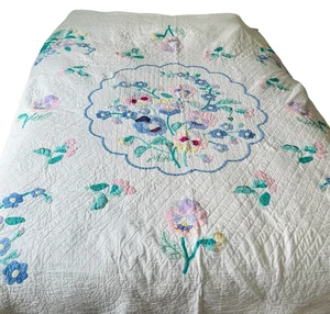 Vintage Floral Applique Quilt Judi Boisson Full 84" x 86" Pansies Scalloped Edge - Picture 1 of 18