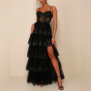 Lulus Alluring Sensation Tiered Maxi Dress Small Black Tulle Embroidered Bustier - Picture 1 of 12