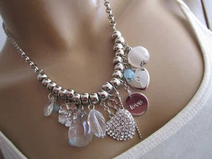 Damen Collier Hals Kette kurz Modekette Bettelkette Strass Herz Silber Charms - Bild 1 von 4