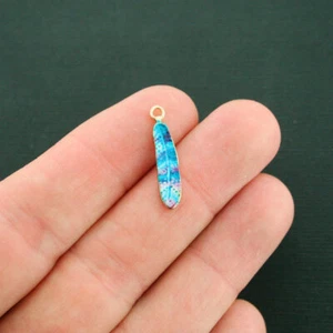 4 Feather Charms Gold Tone Enamel Blue and Purple - E606 - Picture 1 of 2