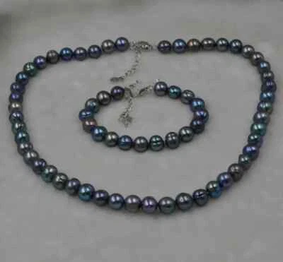 9-10mm Natural Genuine Freshwater black pearl necklace bracelet Set 18/7.5inch - Image 1 of 4