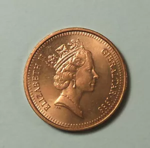 1988 Gibraltar 1 Penny Bronze Coin UNC Queen Elizabeth II Barbary partridge bird - Picture 1 of 2