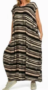 PLUS SIZE BLACK/MULTI STRIPED PATTERNED BALLOON LONGLINE DRESS UK Size 26-28 - Picture 1 of 6