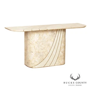 Hollywood Regency Tessellated Stone Brass Inlaid Console Table - Picture 1 of 14