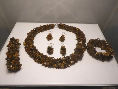 Set Tigerauge polierte Steine geflochtenes Collier Armbänder Ohrringe 296 g - Bild 1 von 4