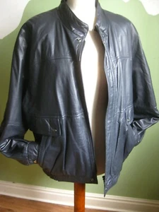 M&S LEATHER COAT JACKET VINTAGE Mens ST MICHAEL large 44 42 navy biker bomber - Picture 1 of 14