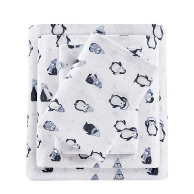 Twin Flannel Sheet Set 100 Cotton Blue Penguins Kids Bedding Warm Cozy Oeko Tex - Image 1 of 4