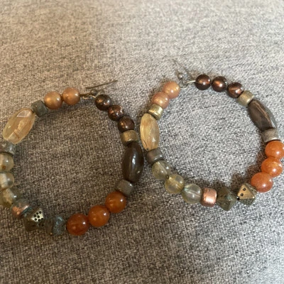 Pierced 2 1/2" large gold, Amber Brown multi colored bead hoop earrings - Image 1 of 3