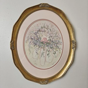 Vintage signierter nummerierter Druck Blumen rosa Kranz gerahmt mattiert oval verziert - Bild 1 von 7