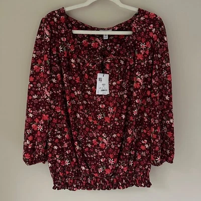 M&Co Top 22 Burgundy Orange Ditsy Floral Textured NWT - Image 1 of 4