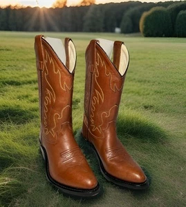 OLD WEST Kid's 4 Western Casual Leather Round Toe Cowboy Tan Boots CCY8129G - Picture 1 of 12