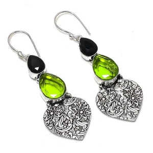 Peridot, Spinel Gemstone Handmade 925 Sterling Silver Jewelry Earring 2.56" - Picture 1 of 1