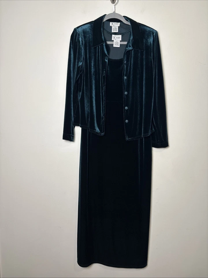 K Studio 绿色天鹅绒长裙夹克套装 16 码晚间鸡尾酒假日活动 — 第 1/4 张图片