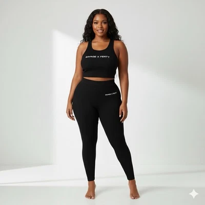 Savage X Fenty Black Bodycon Legging + Cropped Top Split Sides Set Sz L - Image 1 of 4