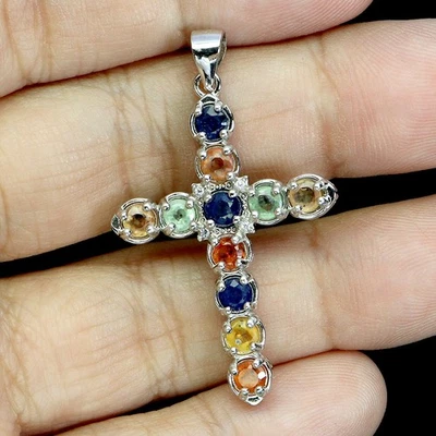 925纯银吊坠圆形蓝宝石3毫米天然宝石十字架首饰 — 第 1/4 张图片