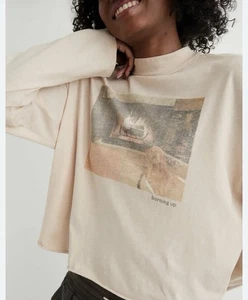 Aerie Beige Burning Up Fireplace  Print Mock Neck Long Sleeve Cropped T-Shirt S - Picture 1 of 13