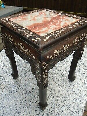 Chinese Hardwood Side Table , Mother Of Pearl Inlay, Claw Feet And Marble Top • 810.37£