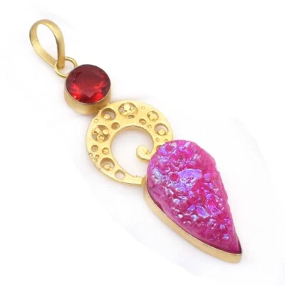 Pink Druzy Stylish Gemstone Gold Plated Pendant Jewelry 1 To 2.5" H914 - Image 1 of 4