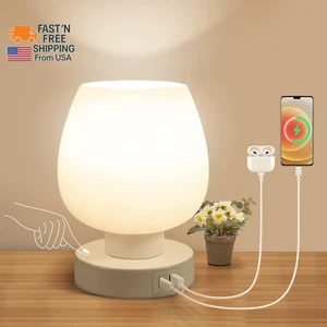 Touch Bedside Table Lamp - Small Lamp for Bedroom with USB C+A Charging Ports 3 - Picture 1 of 12