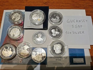 10 X silver GUERNSEY £5 FIVE POUNDS  5 SET collection UK  each coin is different - Picture 1 of 5