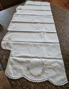 Cross Stitch Table Runner Hand Made Floral Embroidery Dresser Scarf Vintage - Picture 1 of 11